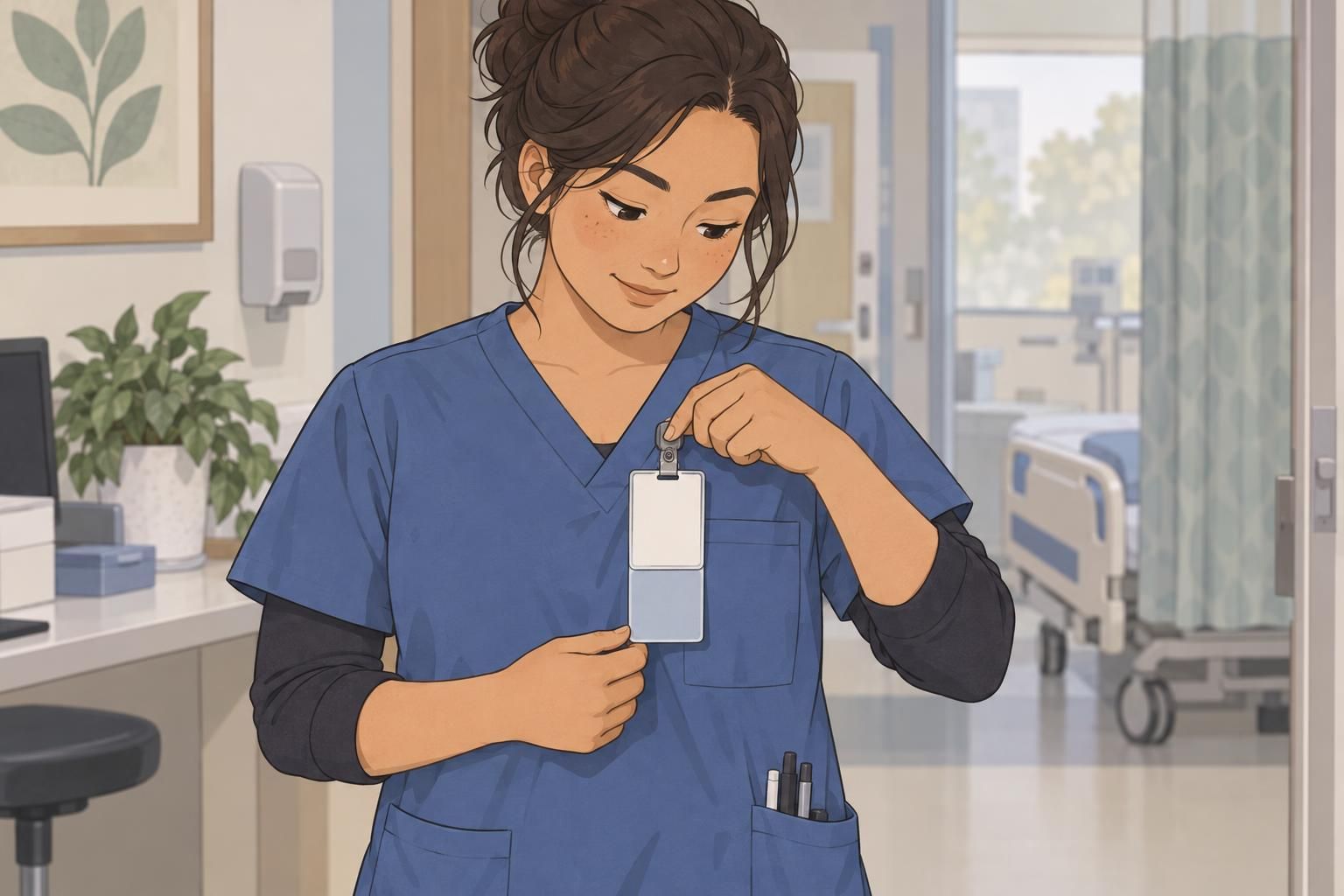 Hospital staff member checking how a blank badge buddy fits with an official ID on their uniform.