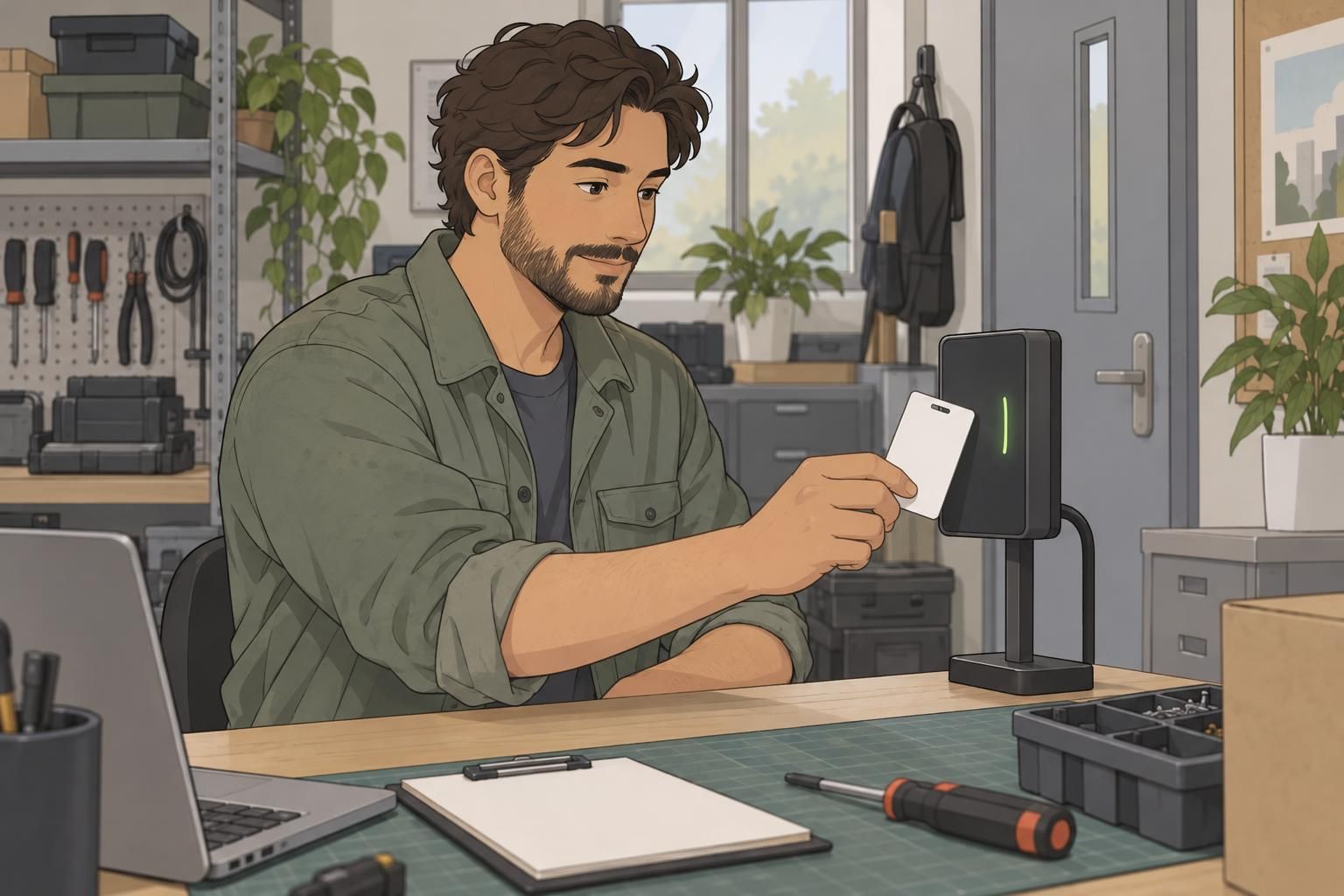 A technician tests a blank plastic access-control badge beside a card reader.