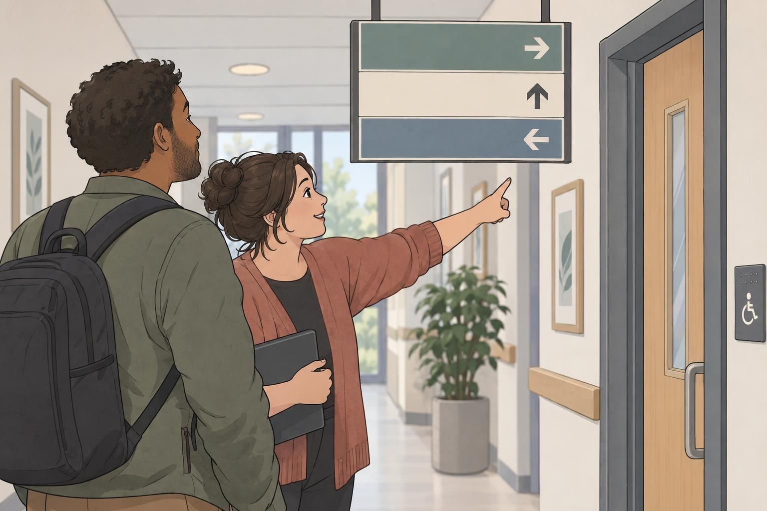 A staff member and visitor look at high-contrast directional panels and a tactile doorway sign.