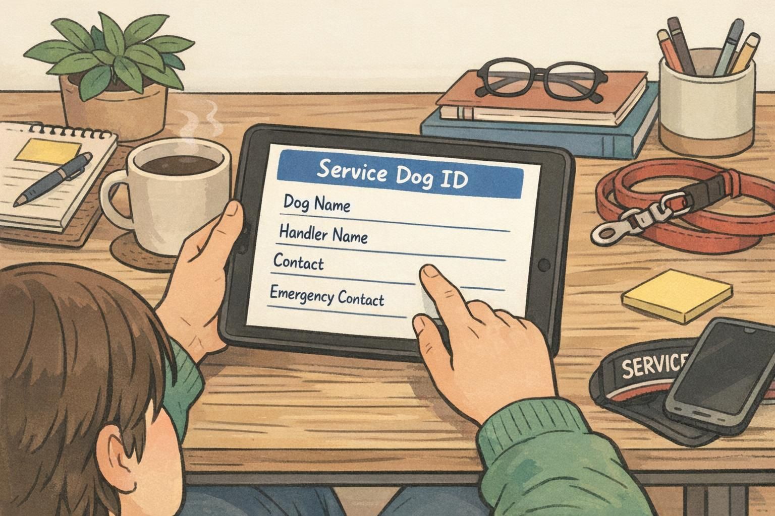 A tablet on a neat desk showing a clean service dog ID layout with fields for dog name, handler name, contact, and emergency contact.