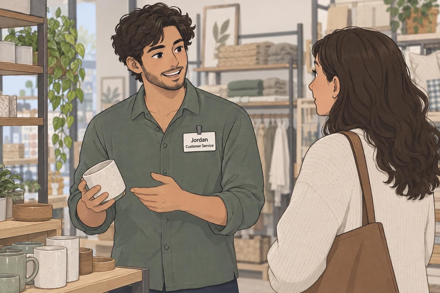 A retail associate assists a shopper while wearing a name tag that pairs the first name Jordan with a Customer Service role label.