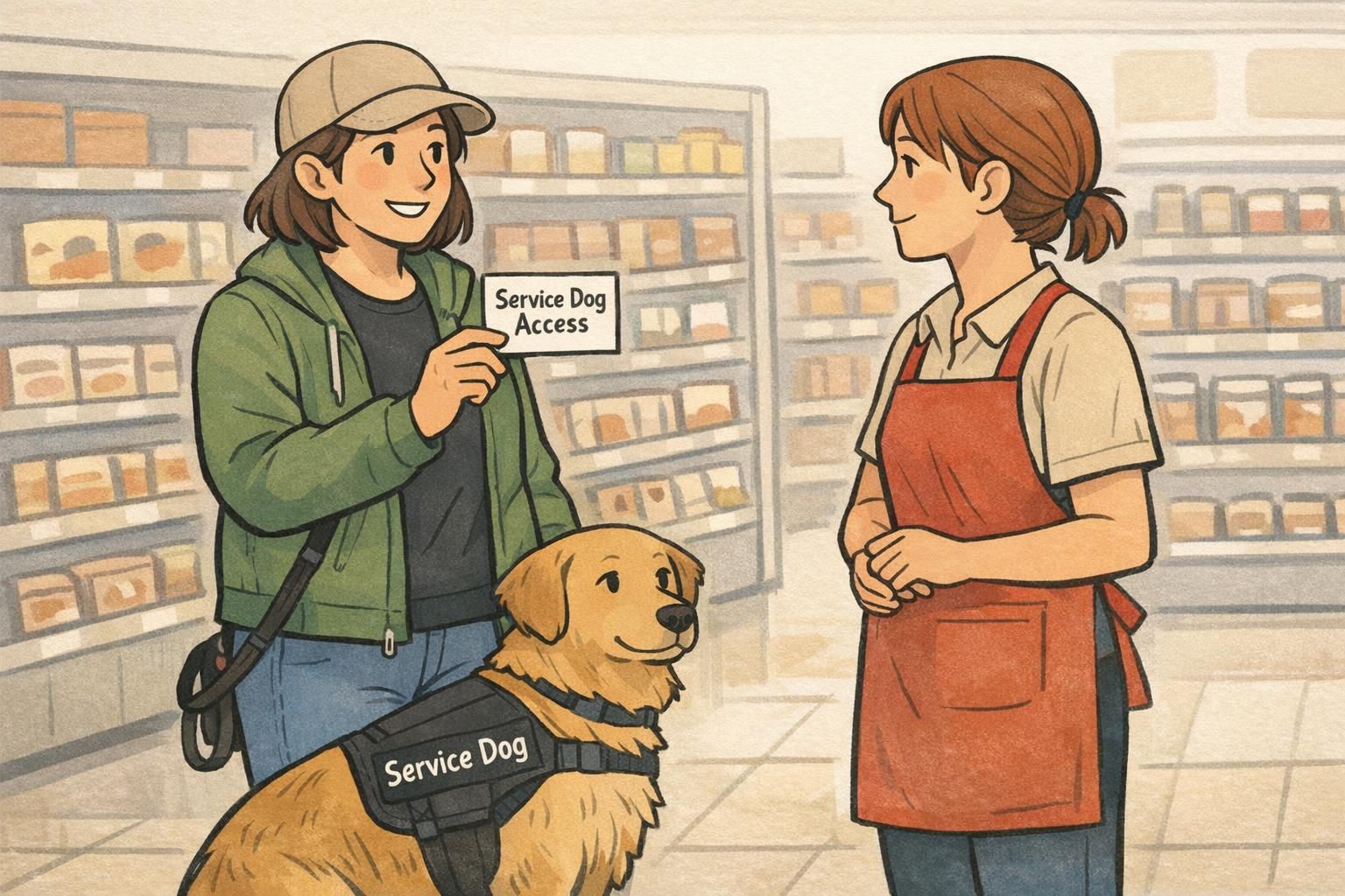 A handler stands in a grocery aisle with a working dog at their side while an employee listens as the handler briefly shows an access card to communicate the dog’s role.