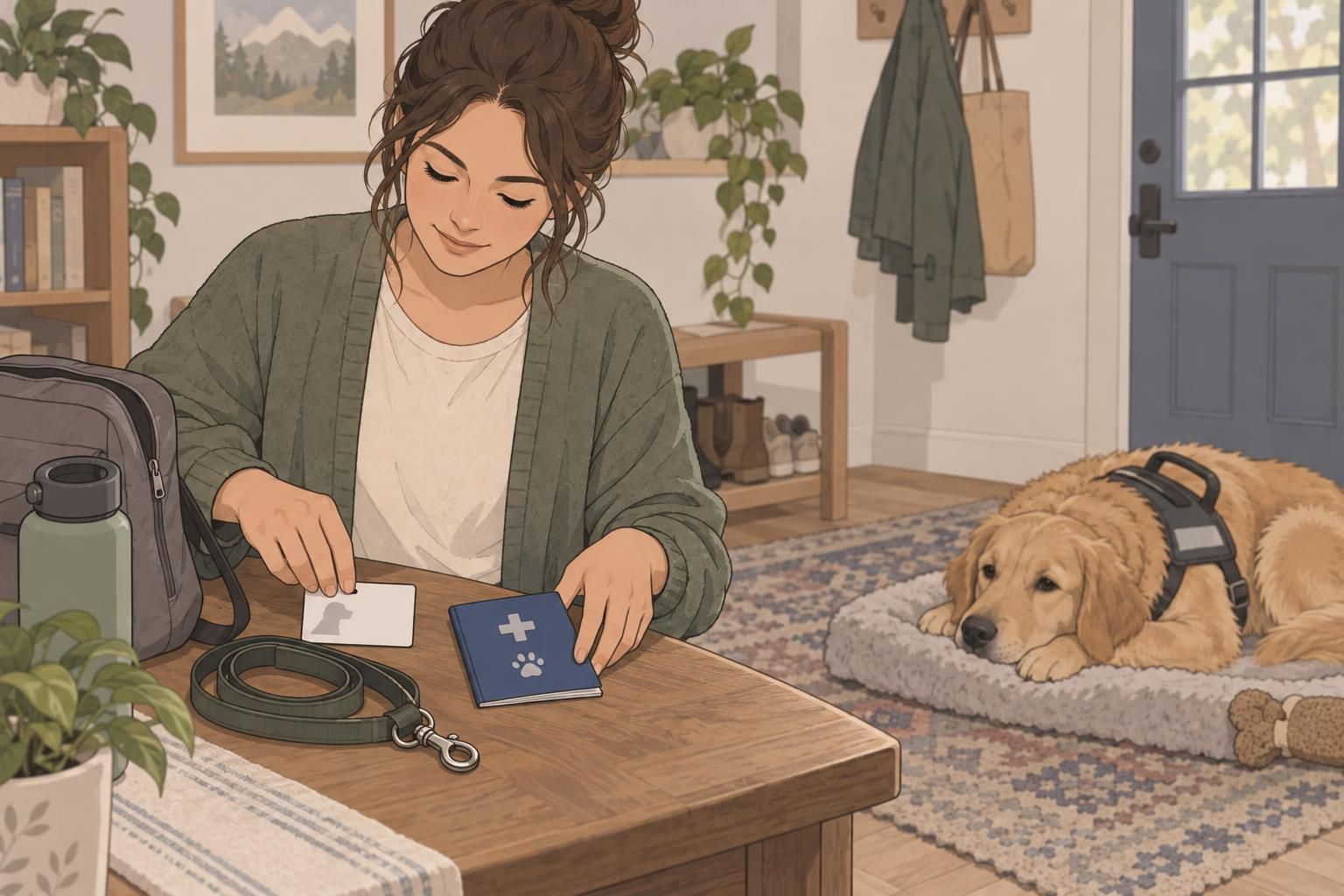 A service dog rests beside a leash, vaccination booklet, and unmarked identification card as the handler organizes essentials.