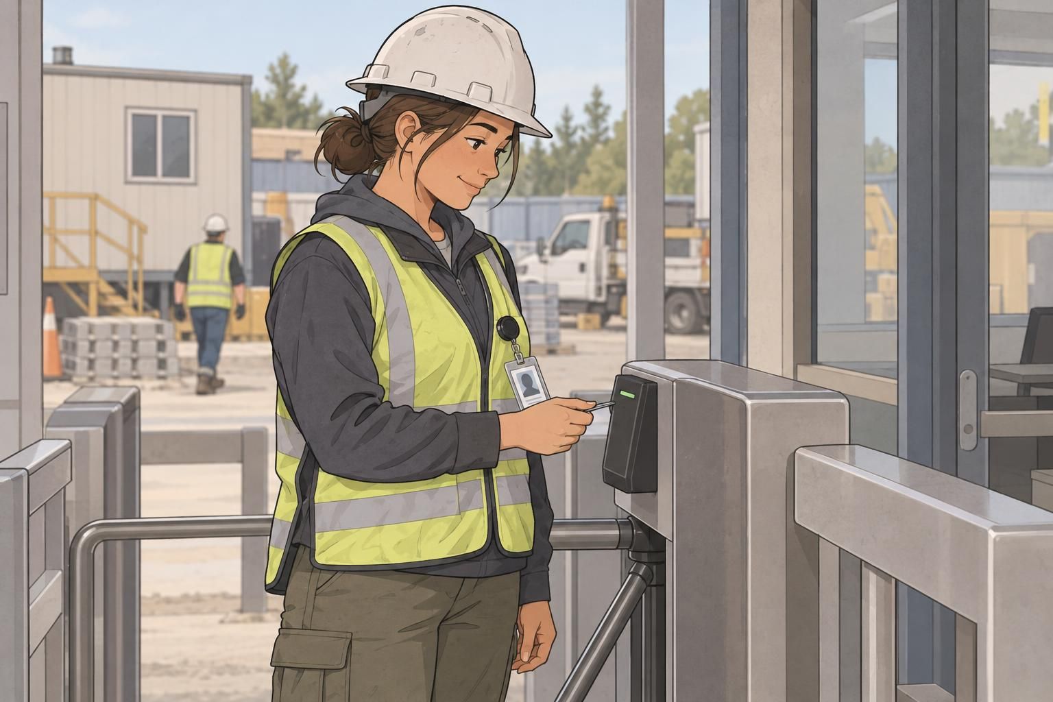 Worker displaying an ID badge on an outer rain jacket, positioned away from reflective details and harness hardware.