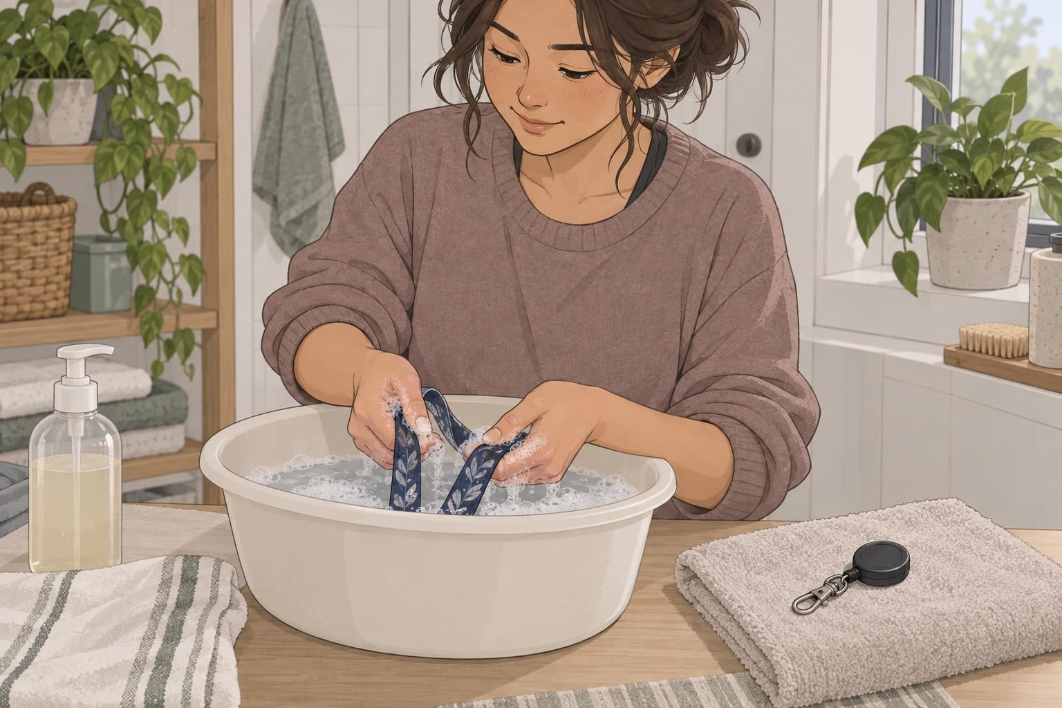 A person hand-washes a fabric lanyard while keeping its metal clip and retractable reel dry nearby.