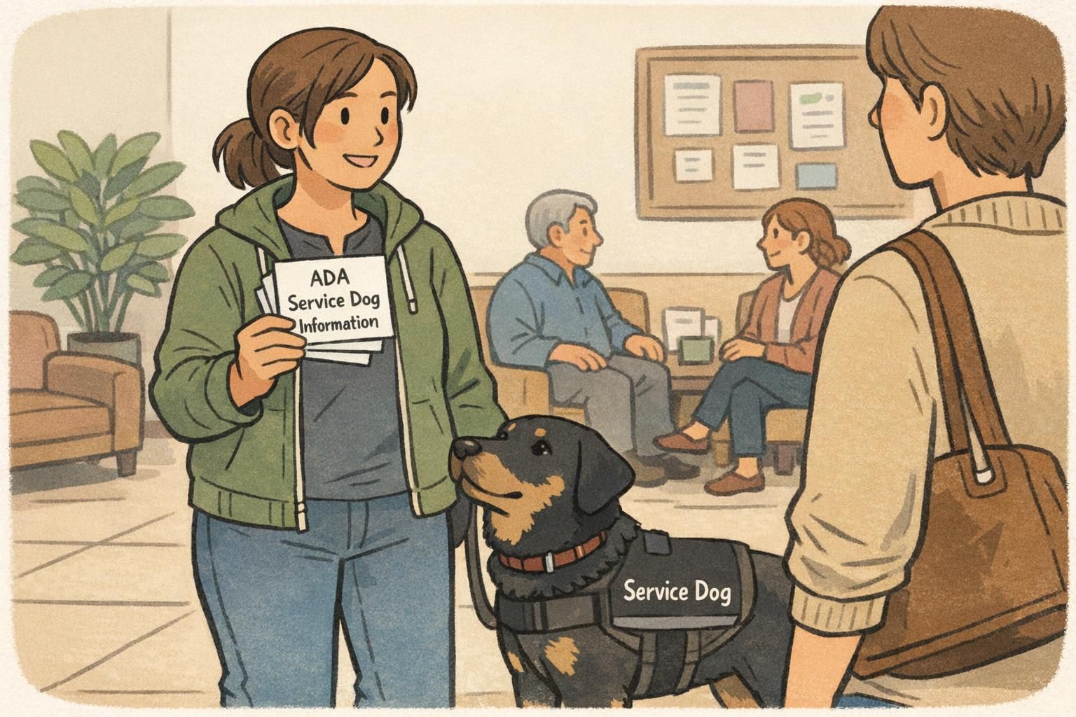 A handler holds a small stack of ADA information handouts while a working dog stands at heel in a public lobby, ready for a brief, respectful conversation with staff.