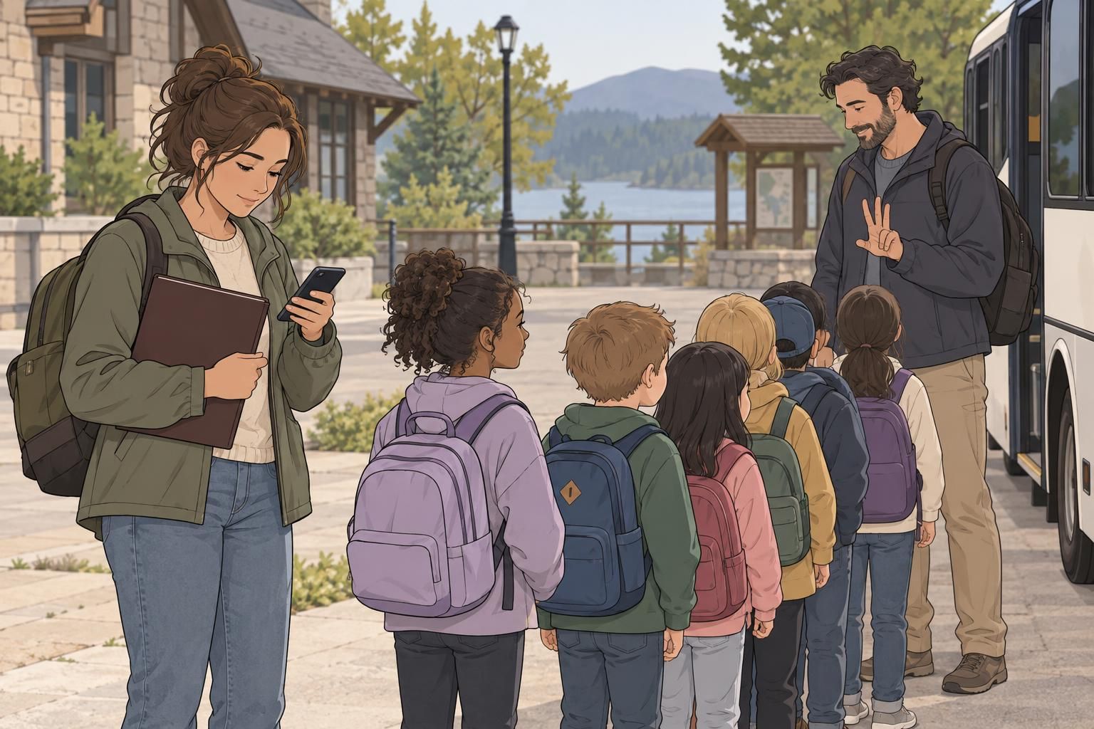 A trip coordinator checks a phone while another adult counts children in line, illustrating a reunification routine supported by group identification.