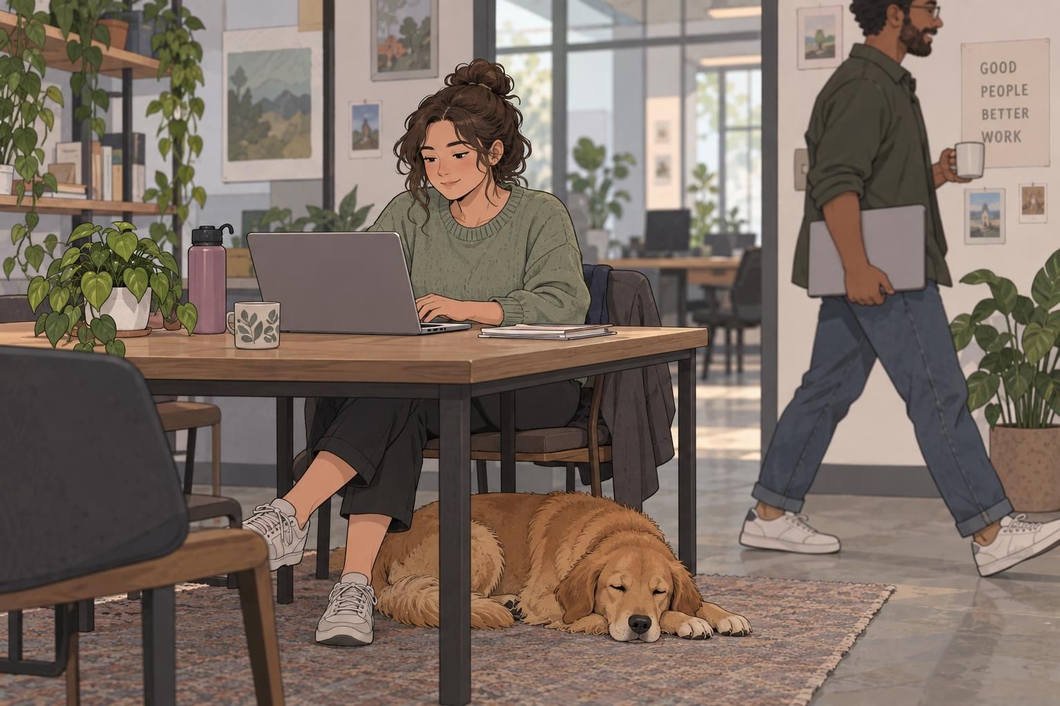 A coworker passes an employee working at a table without distracting the service dog resting beside them.
