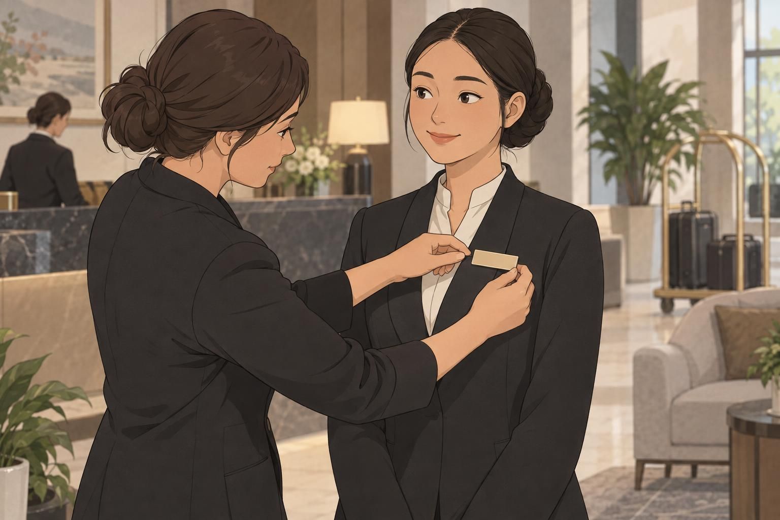 A uniform coordinator checks that a blank hotel name badge sits straight on an employee’s jacket.