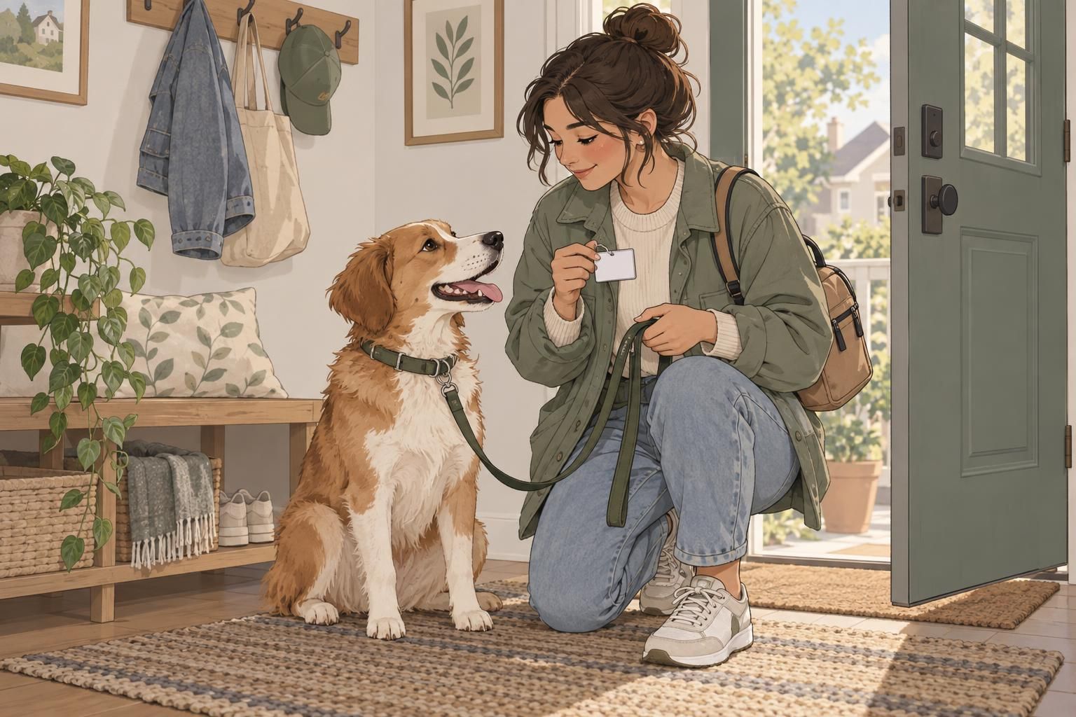 A person prepares to leave home with a dog, a leash, a small bag, and an identification card.