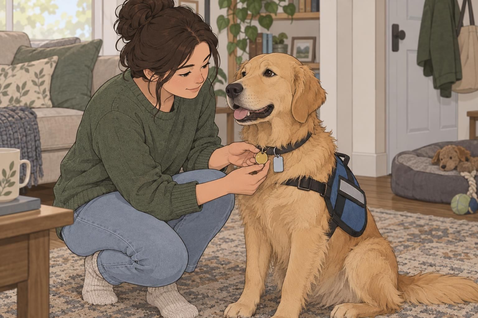 A handler checks the collar tags on a service dog at home, including contact identification.