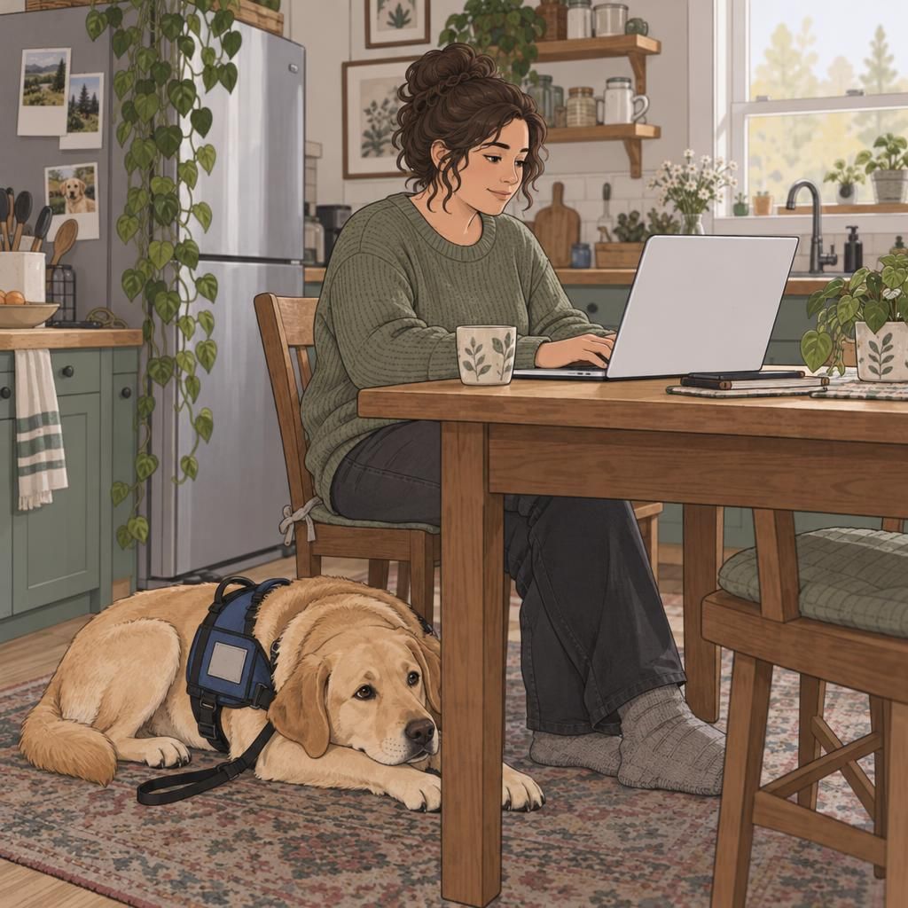 A service dog rests beside its handler as they organize registration details on a laptop at home.