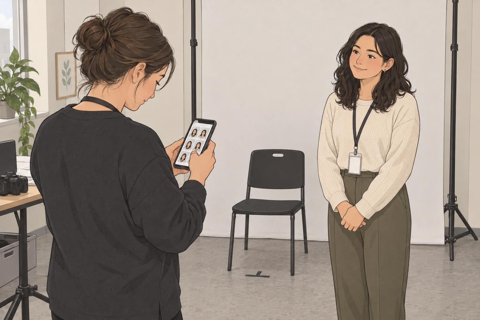 A coordinator checks portrait focus and framing on a smartphone while an employee waits beside the photo setup.