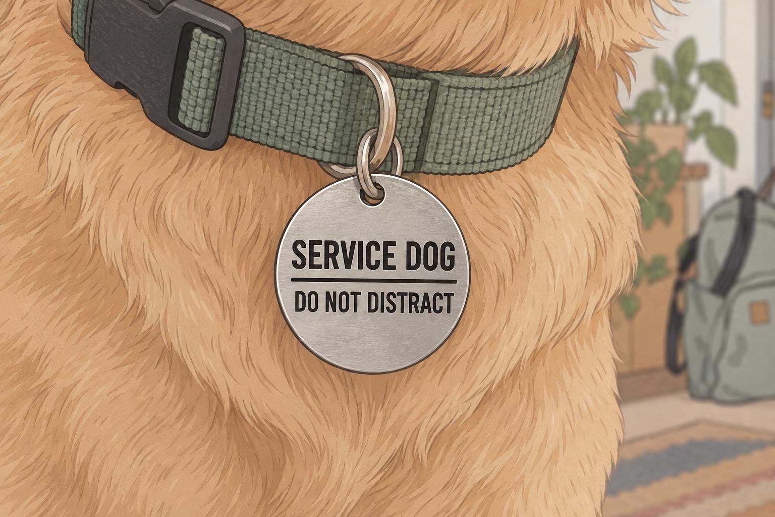 A close-up shows a service dog collar tag with a clear working-role label and a request not to distract the dog.