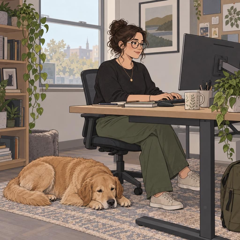 An employee works at an accessible desk while a service dog rests calmly beside them in a quiet office.