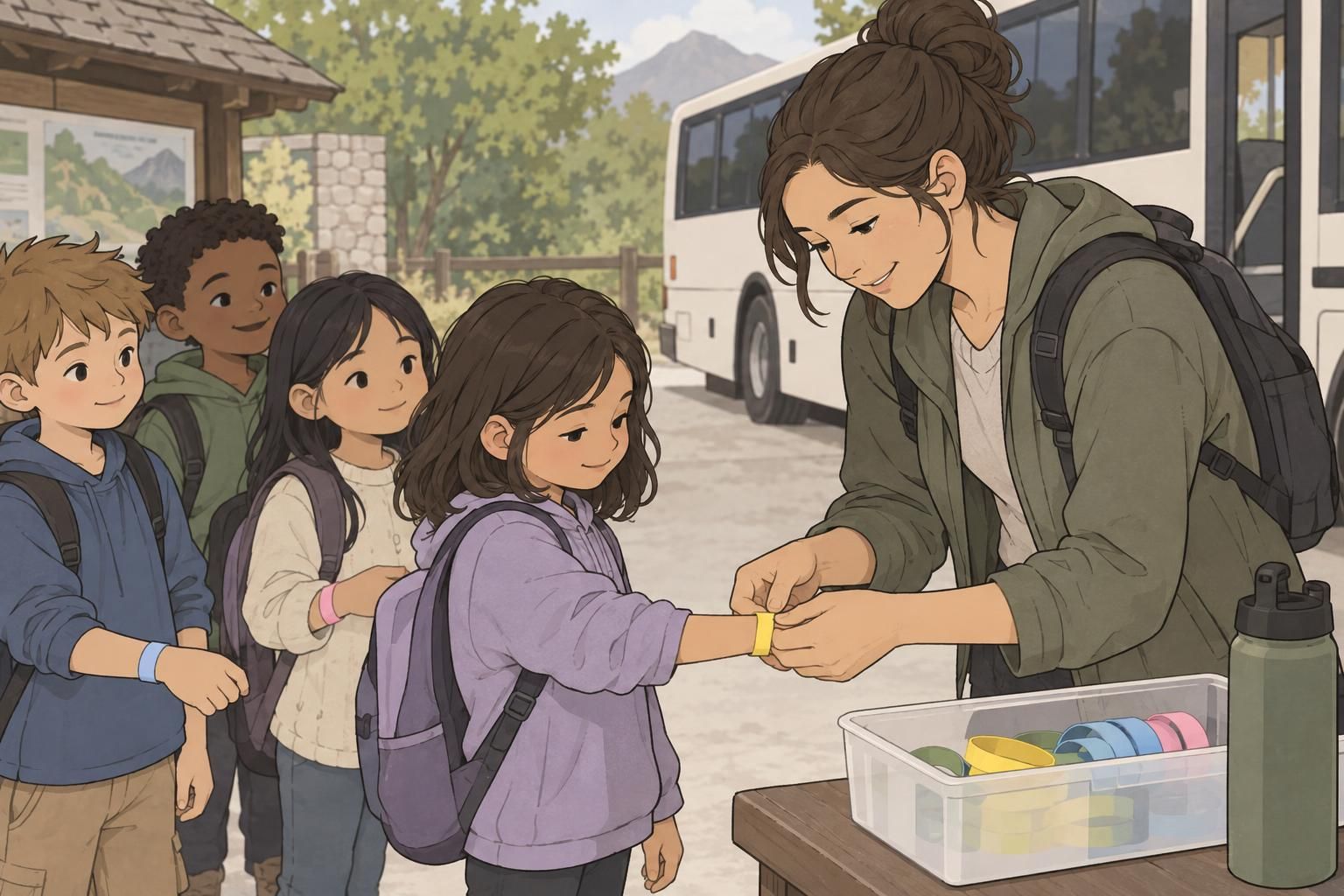 A caregiver helps a child put on a wristband before a group outing, showing a simple temporary identification option for field trips.