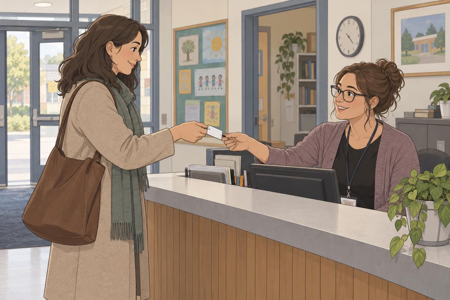 A visitor returns a temporary badge to school office staff to complete sign-out.