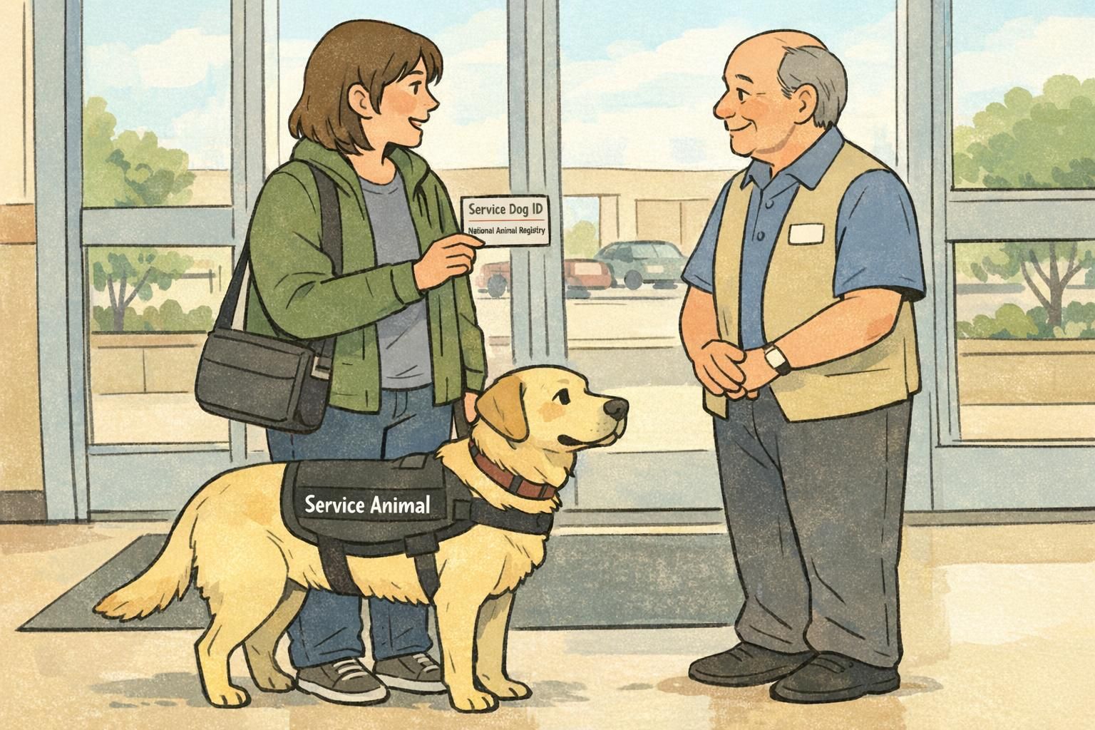 A handler speaks with a store greeter at an entrance while holding a compact identification card and a calm service dog stands attentively at the handler’s side.