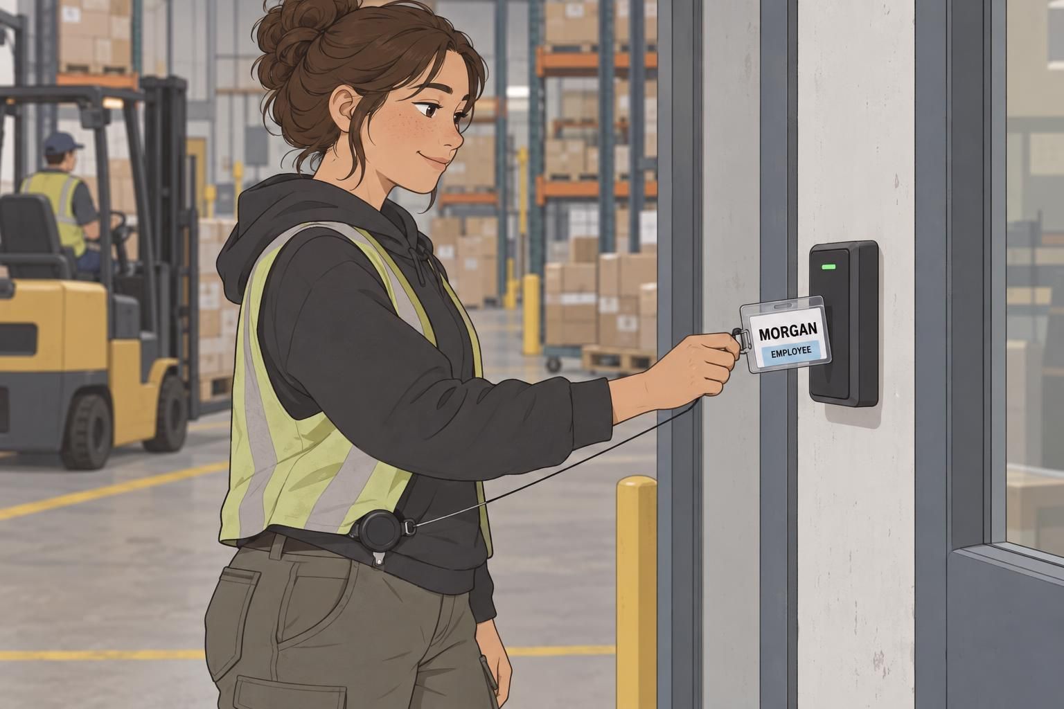A warehouse worker presents an ID badge on a retractable reel to an access reader.