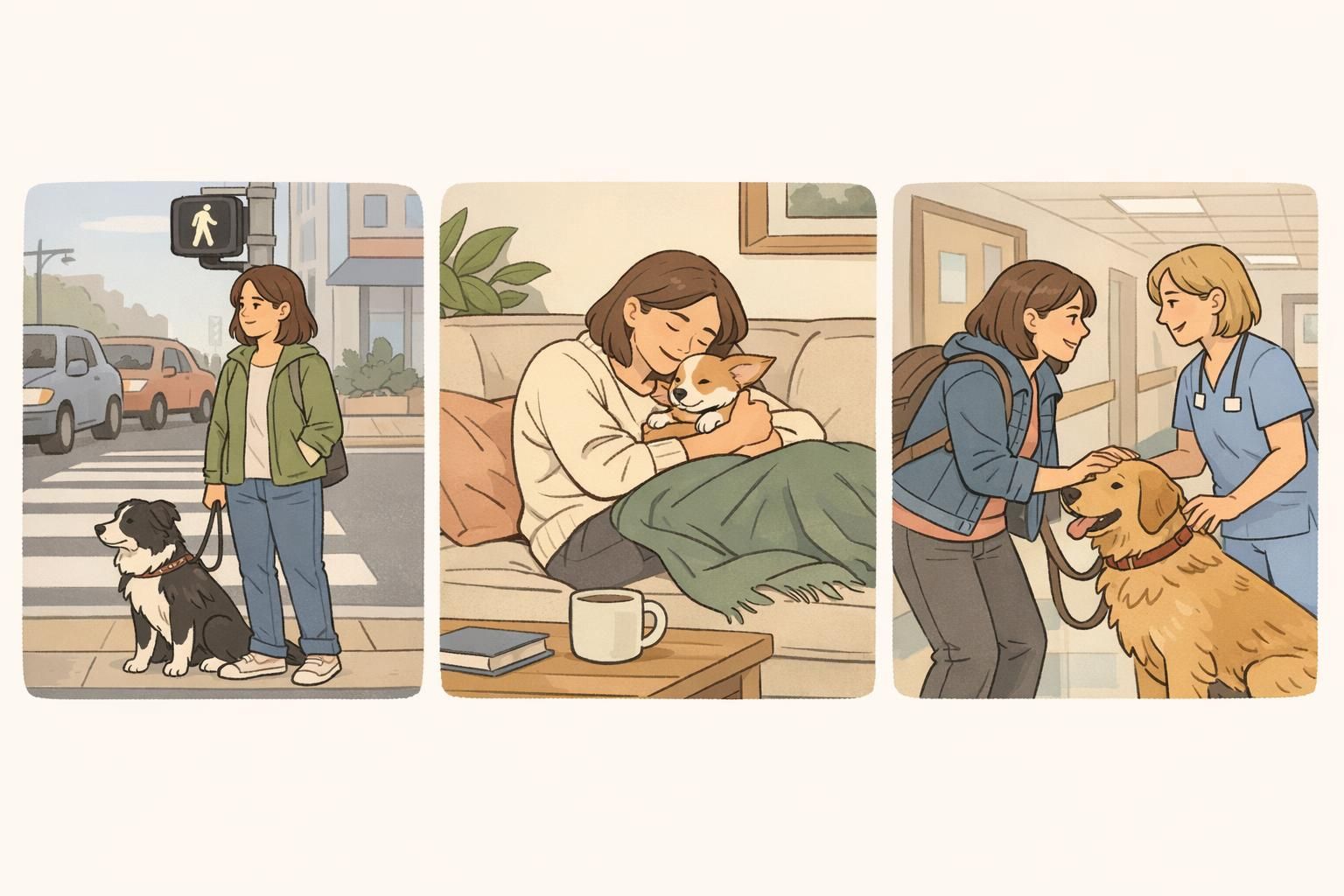Three-panel illustration showing a handler with three different dogs: a focused, task-oriented dog at a crosswalk, a calm companion dog on a couch, and a friendly dog greeting someone in a hospital hallway.