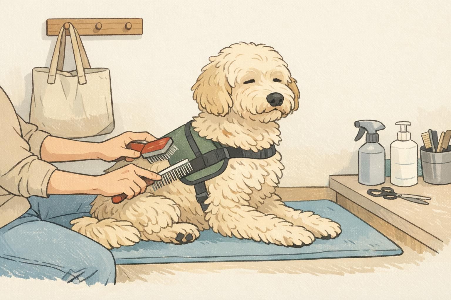 A calm coated service dog sits on a mat at a small grooming station while the handler uses a gentle slicker brush and a metal comb to manage loose hair and mats.