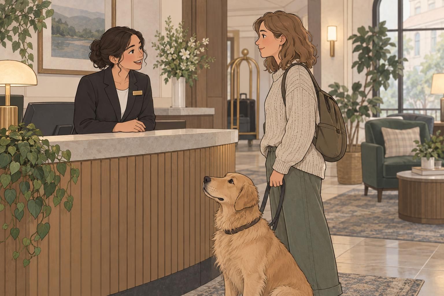 A hotel receptionist speaks with a handler and service dog at the front desk.