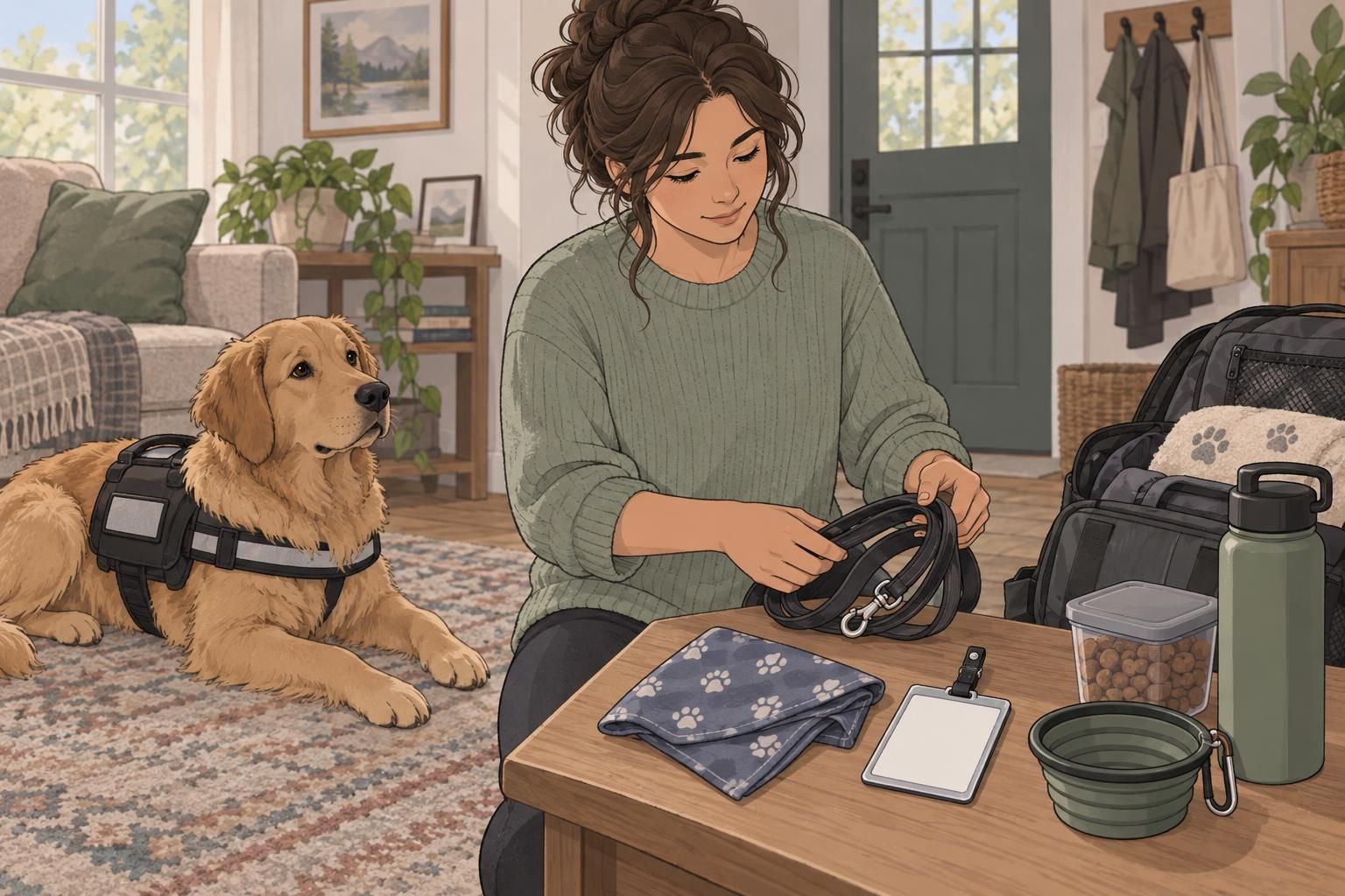A handler organizes a leash, bandana, service dog ID card, and travel supplies beside a waiting dog.