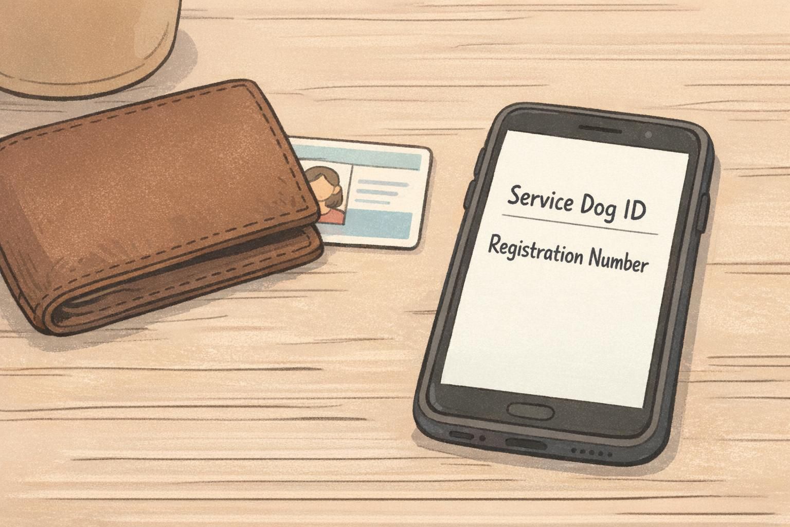 Close-up of a tabletop with a wallet, a printed service dog ID card, and a smartphone showing a digital registration profile for quick handler reference.