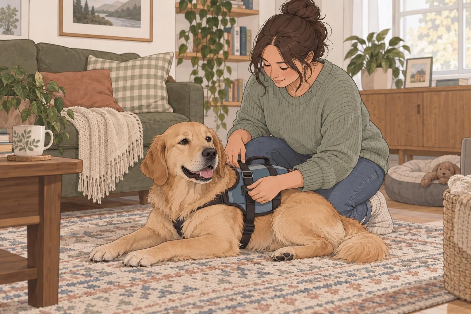 A handler checks the fit of a lightweight harness on a relaxed assistance dog at home.