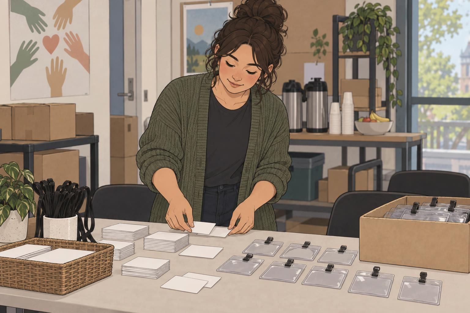 A coordinator arranges blank name-tag inserts and reusable badge holders on a table.
