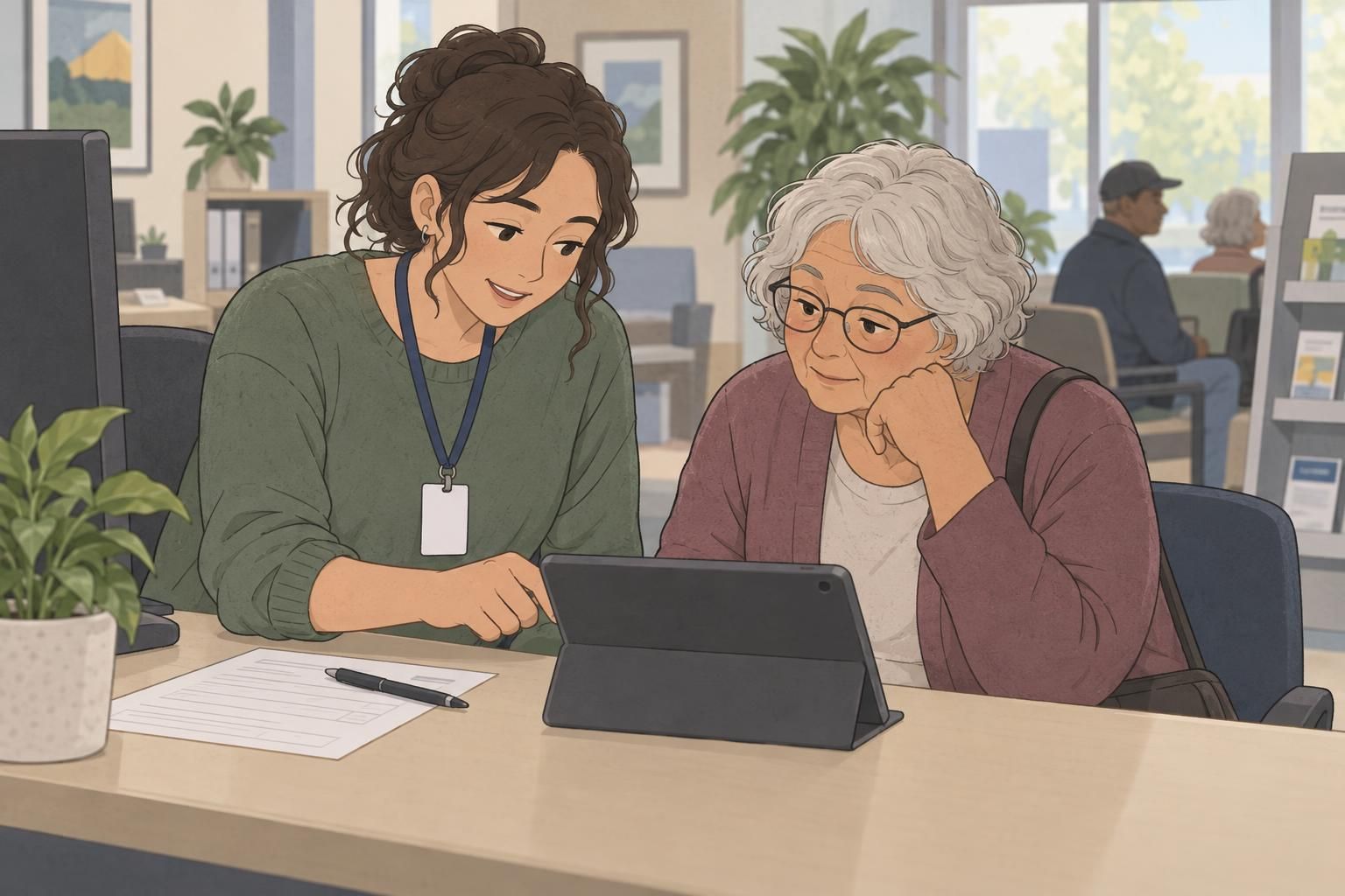 Public service employee wearing an ID badge and helping an older visitor use a tablet at a service desk.