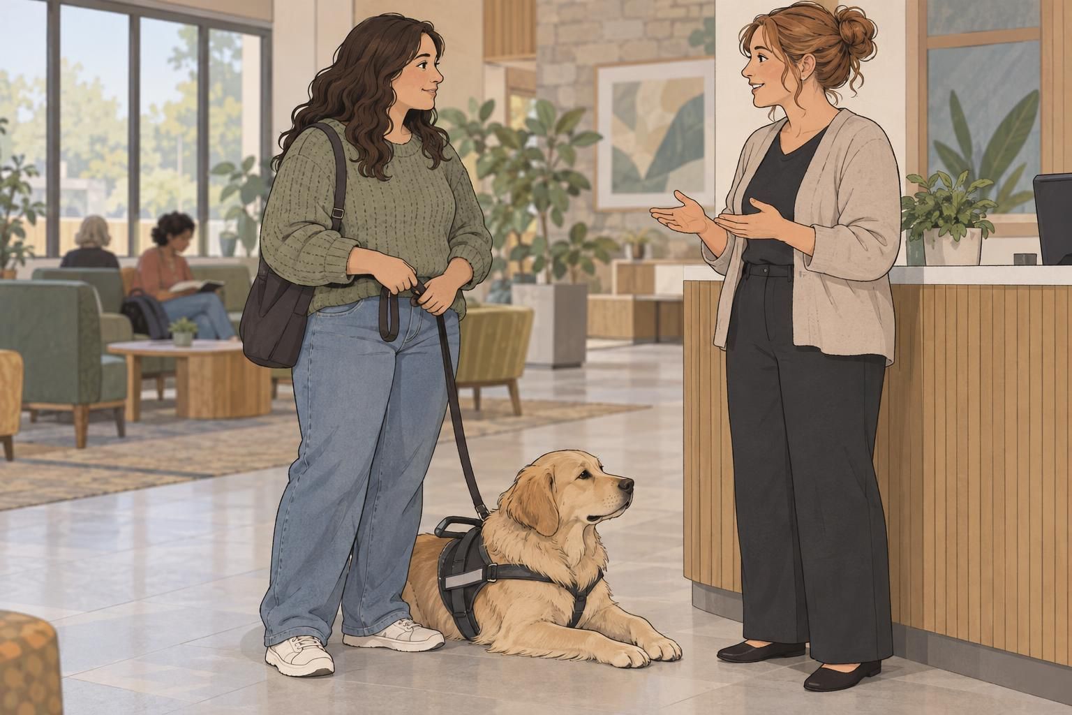 A service dog settles nearby as its handler speaks calmly with a staff member in a public space.