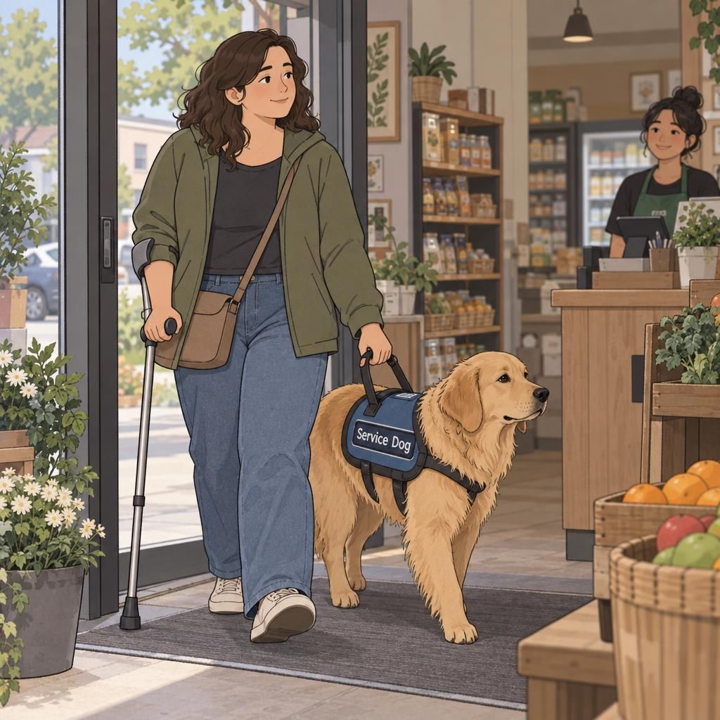 A disabled handler enters a neighborhood shop with a focused service dog walking calmly beside them.