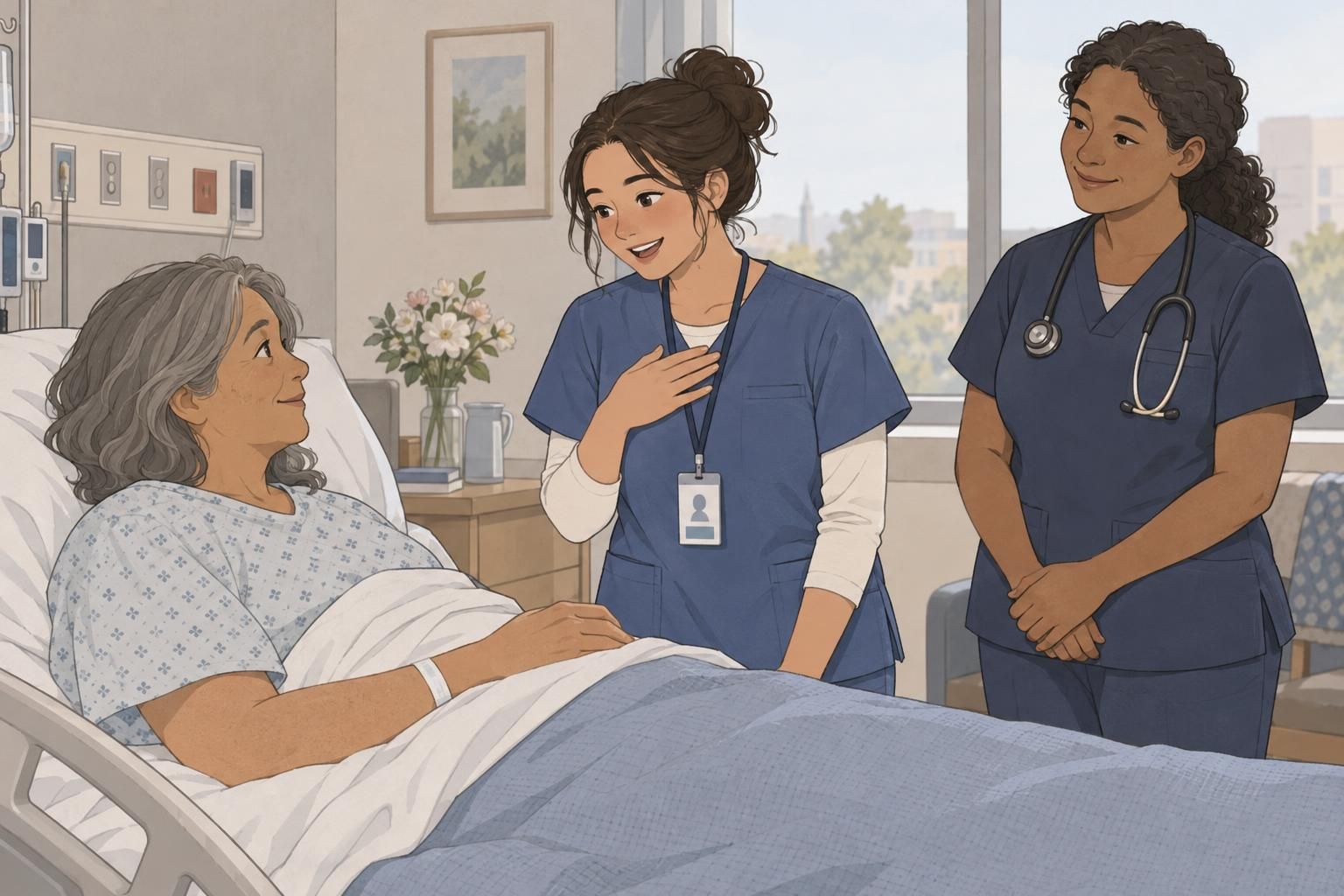 A nursing student wearing an ID badge introduces herself to a patient while a supervising nurse stands nearby.