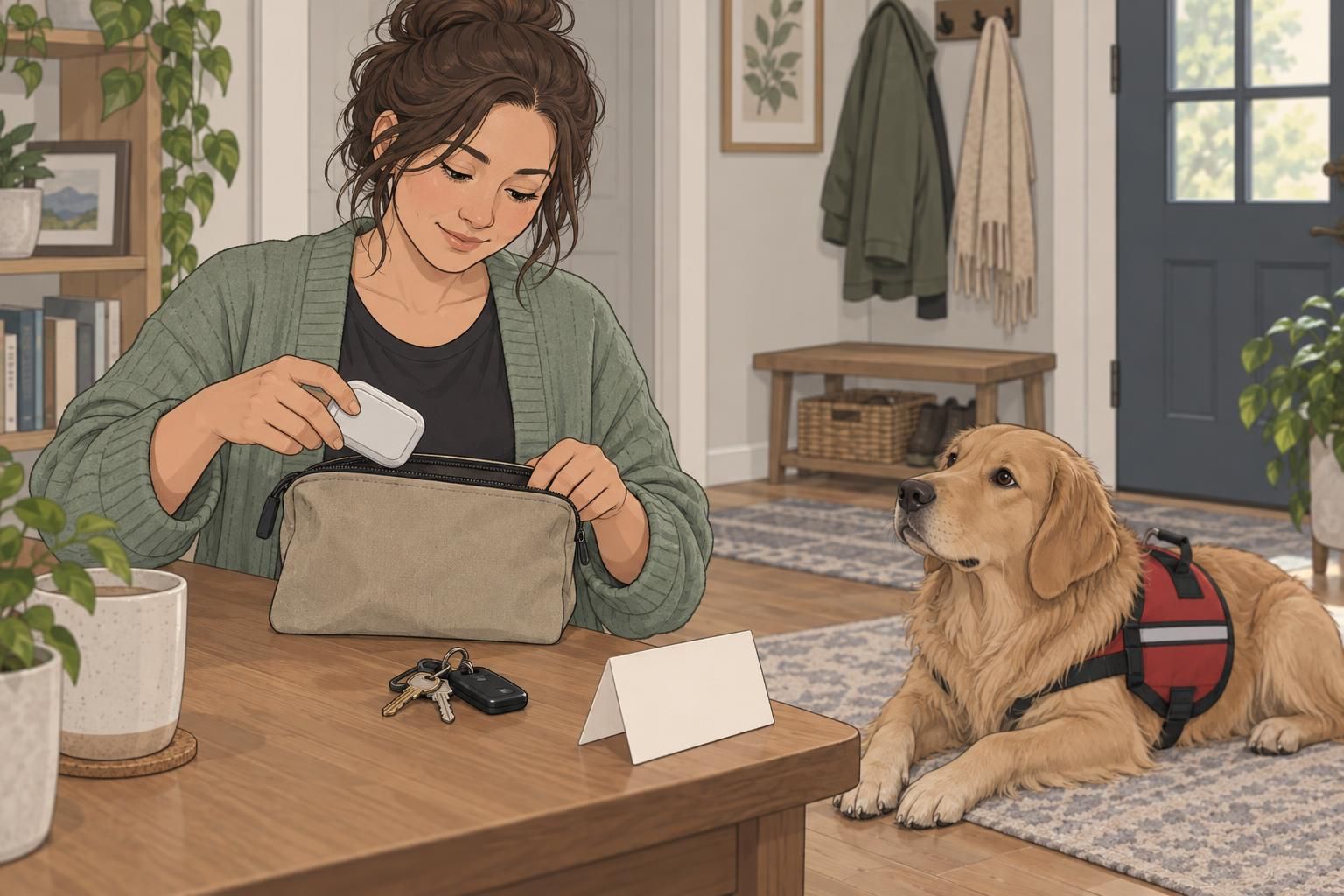 A handler organizes keys, a medication case, and a blank information card in a small pouch beside a waiting medical alert dog.