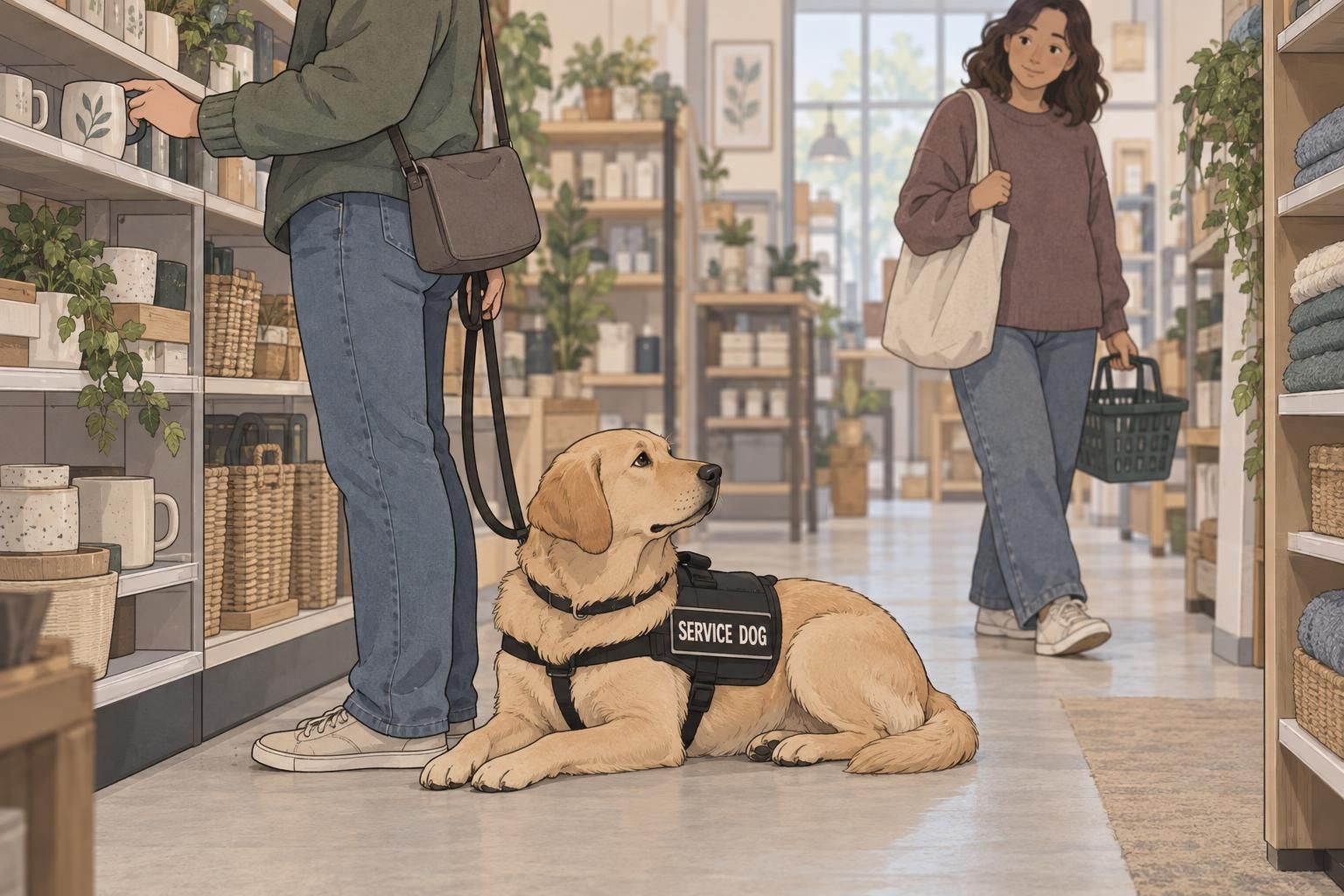 A service dog rests beside its handler in a store aisle as a shopper gives them space.