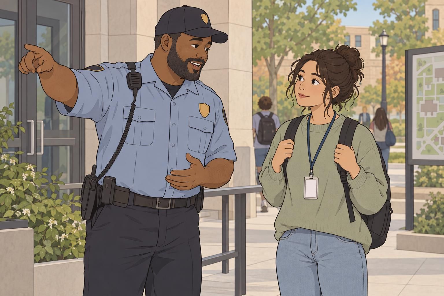 Campus security staff assist a student wearing an ID badge on a lanyard.
