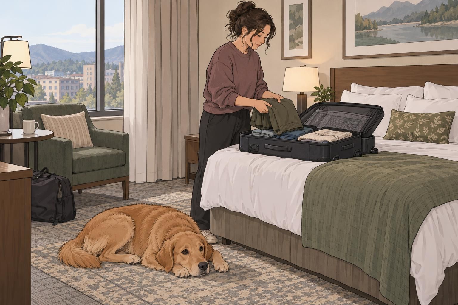 A service dog rests beside its handler as they unpack luggage in a softly lit hotel room.