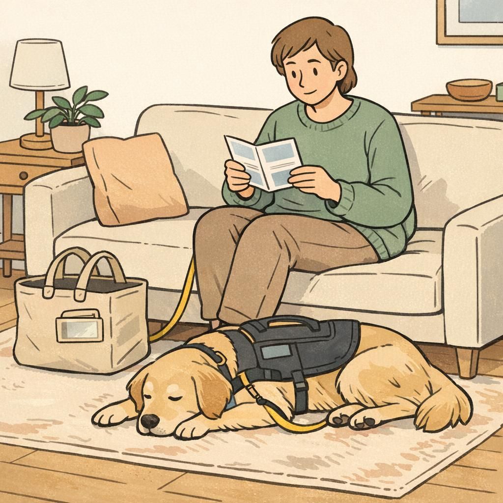 An adult sits on a sofa reading a brochure while a calm service dog lies at their feet in a cozy living room, illustrating everyday life with a psychiatric service dog.