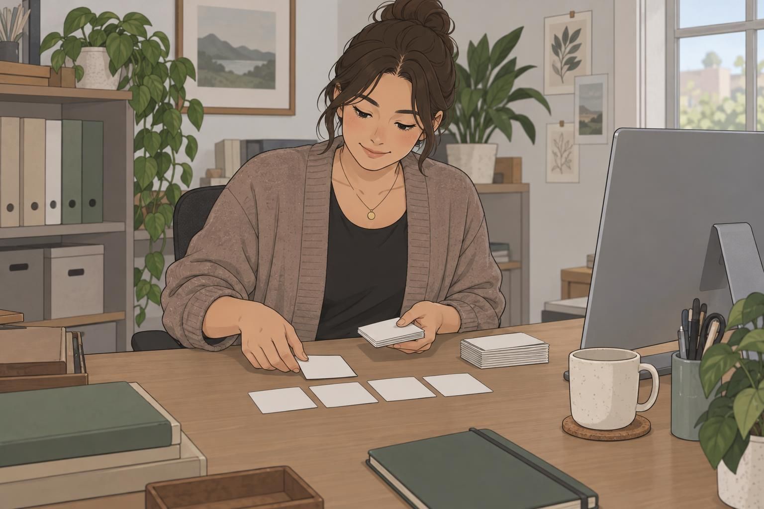 An administrator arranges blank member cards while planning a practical card layout.