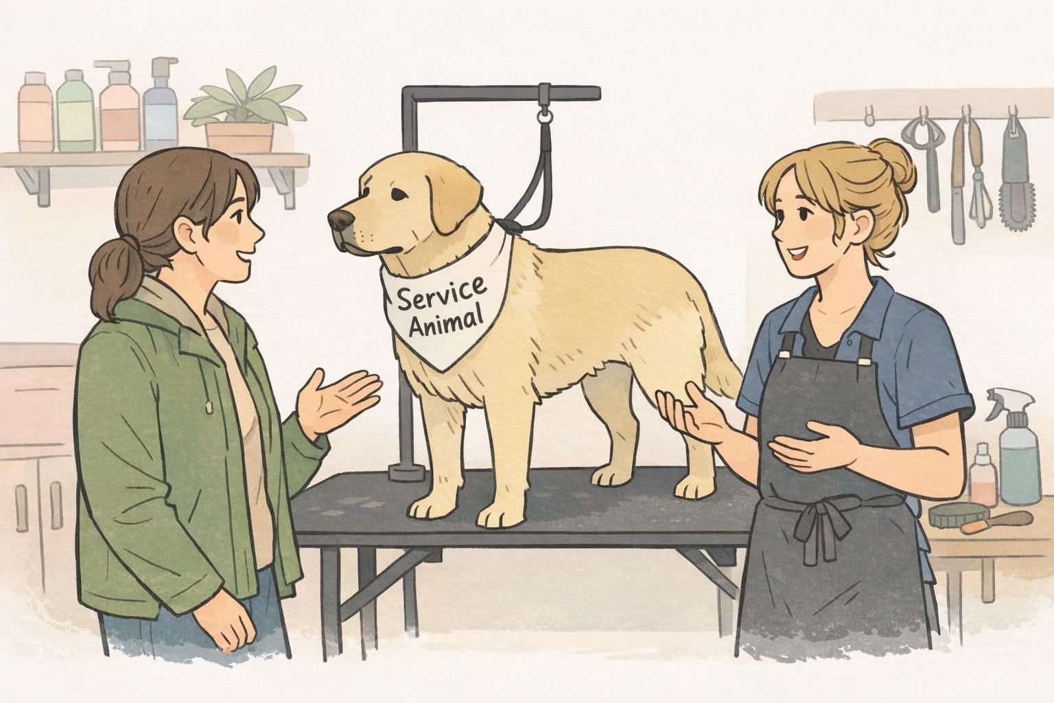 A calm service dog stands on a grooming table as the handler consults with a groomer in a bright, tidy salon during a routine appointment.