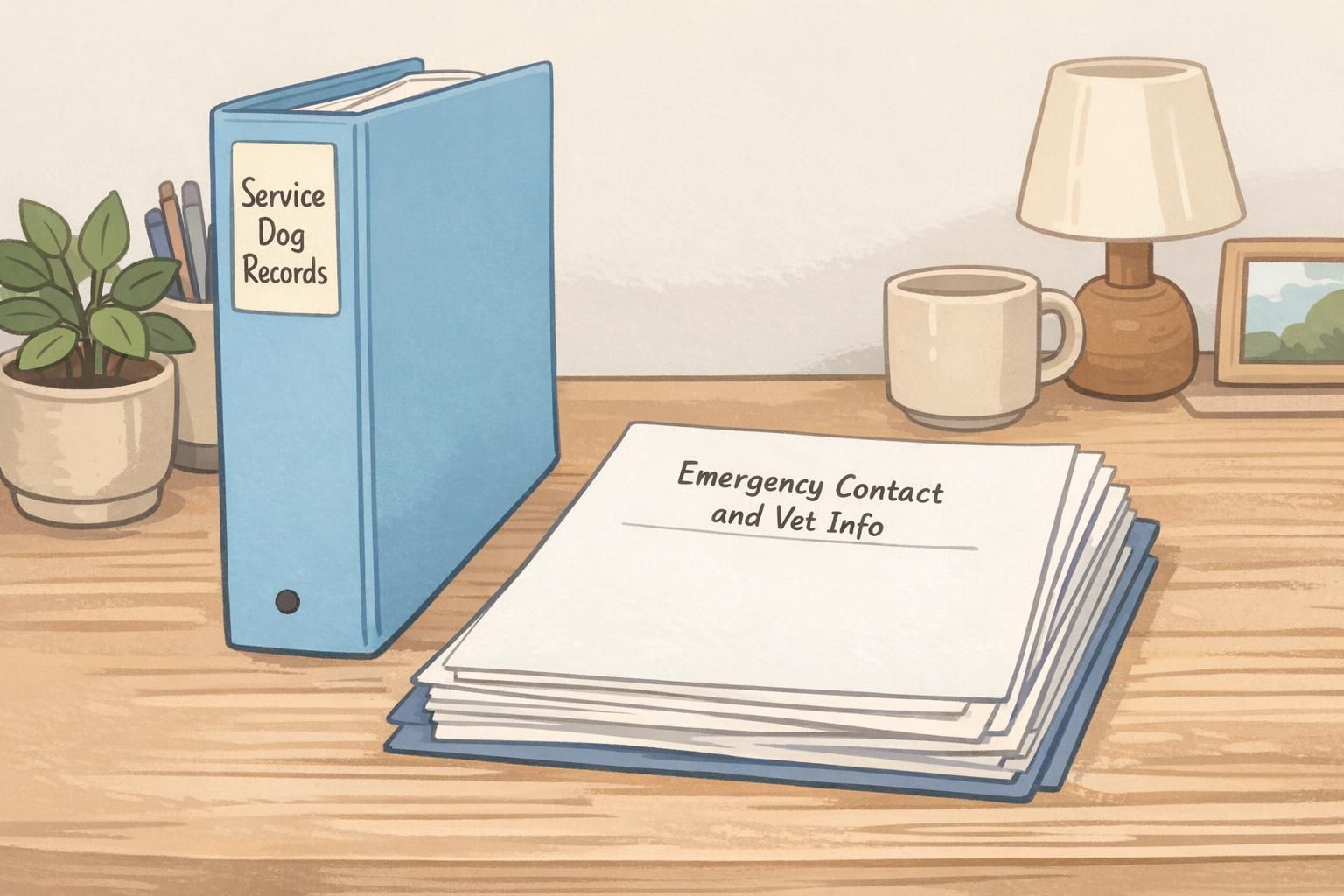 A tidy home desk showing a labeled binder of service dog records and printed emergency contact and vet information sheets stacked neatly.