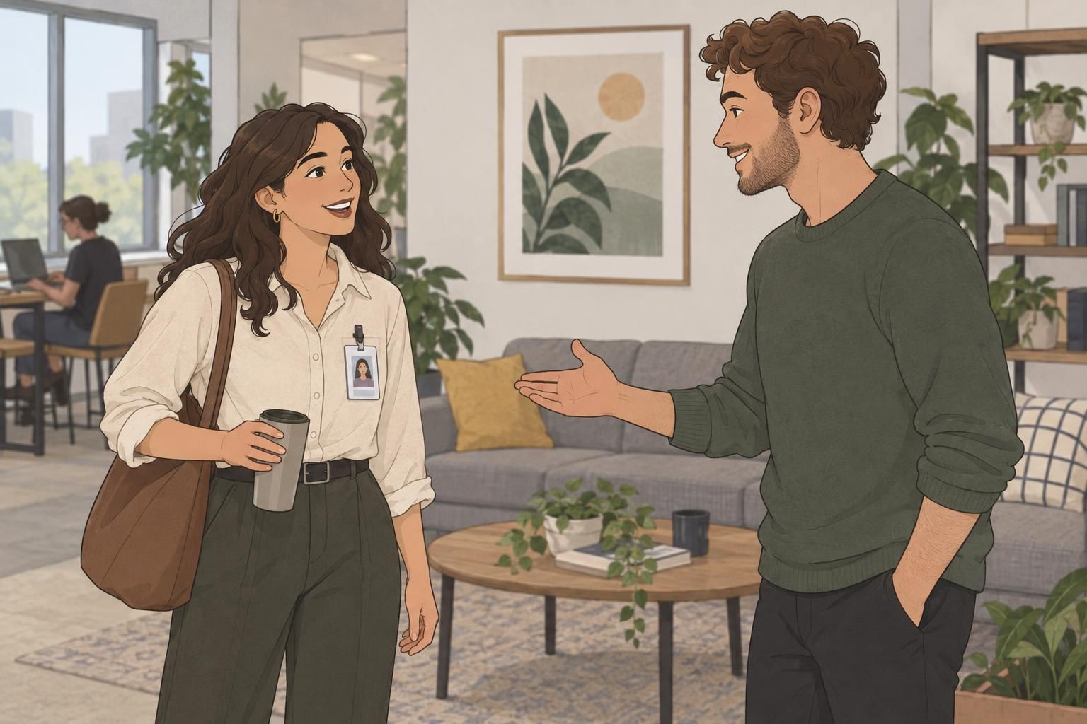 A remote employee wearing a badge greets an onsite colleague in a shared office lounge.