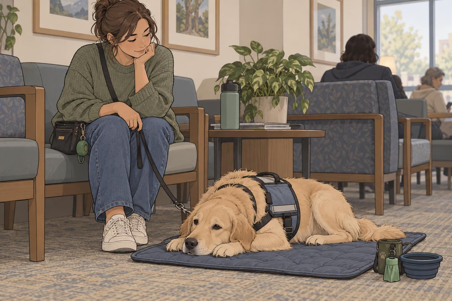 A service dog settles on a portable mat in a waiting area while a handler keeps a pouch and waste kit nearby.