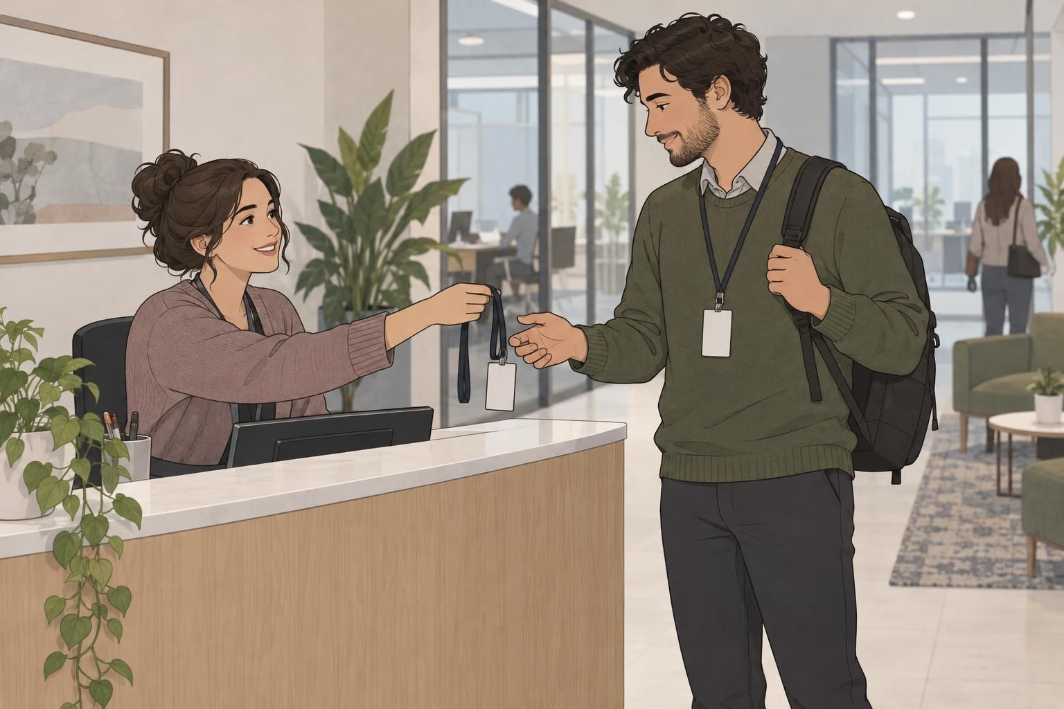 A hybrid employee receives a temporary work ID from a receptionist at the office check-in desk.