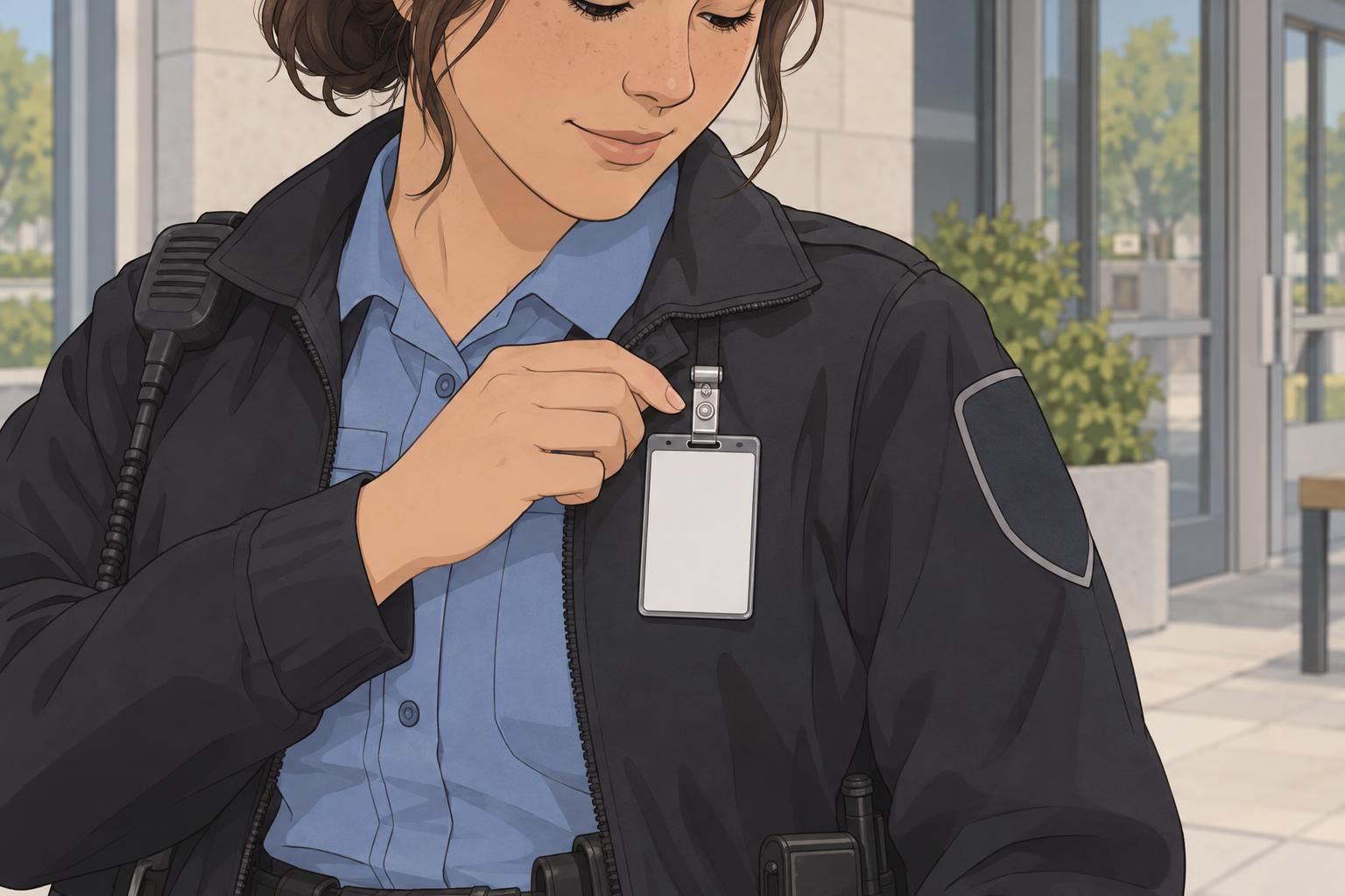 Supervisor and security officer review badge placement on the outer uniform.