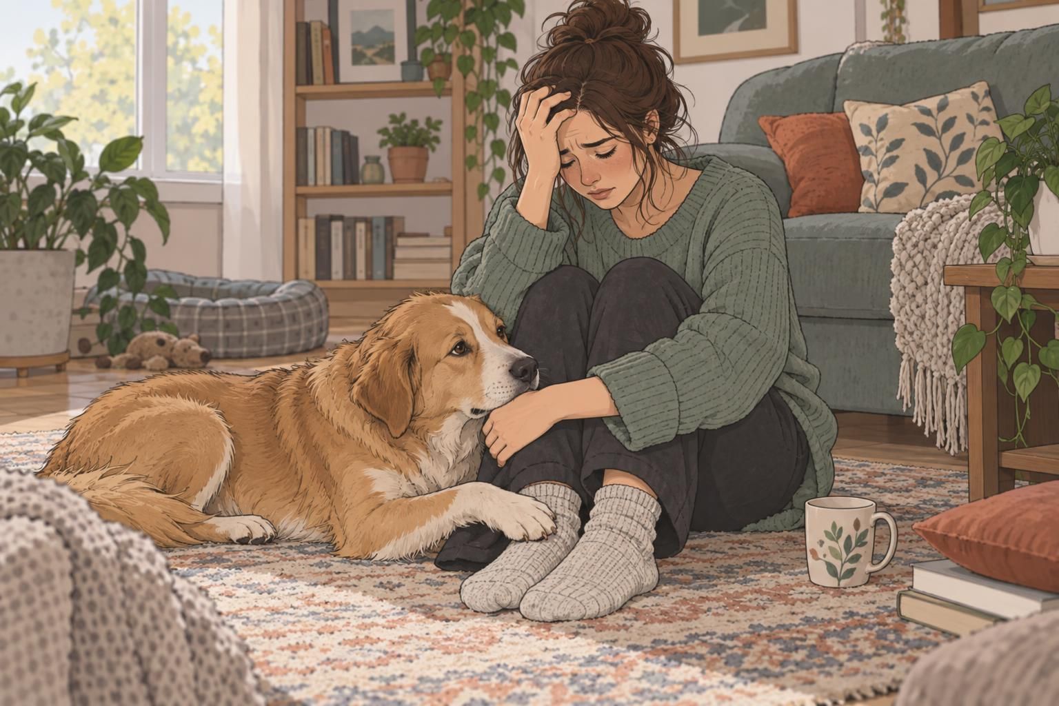 A dog stays in steady contact with a distressed person sitting on the living-room floor, illustrating grounding support.