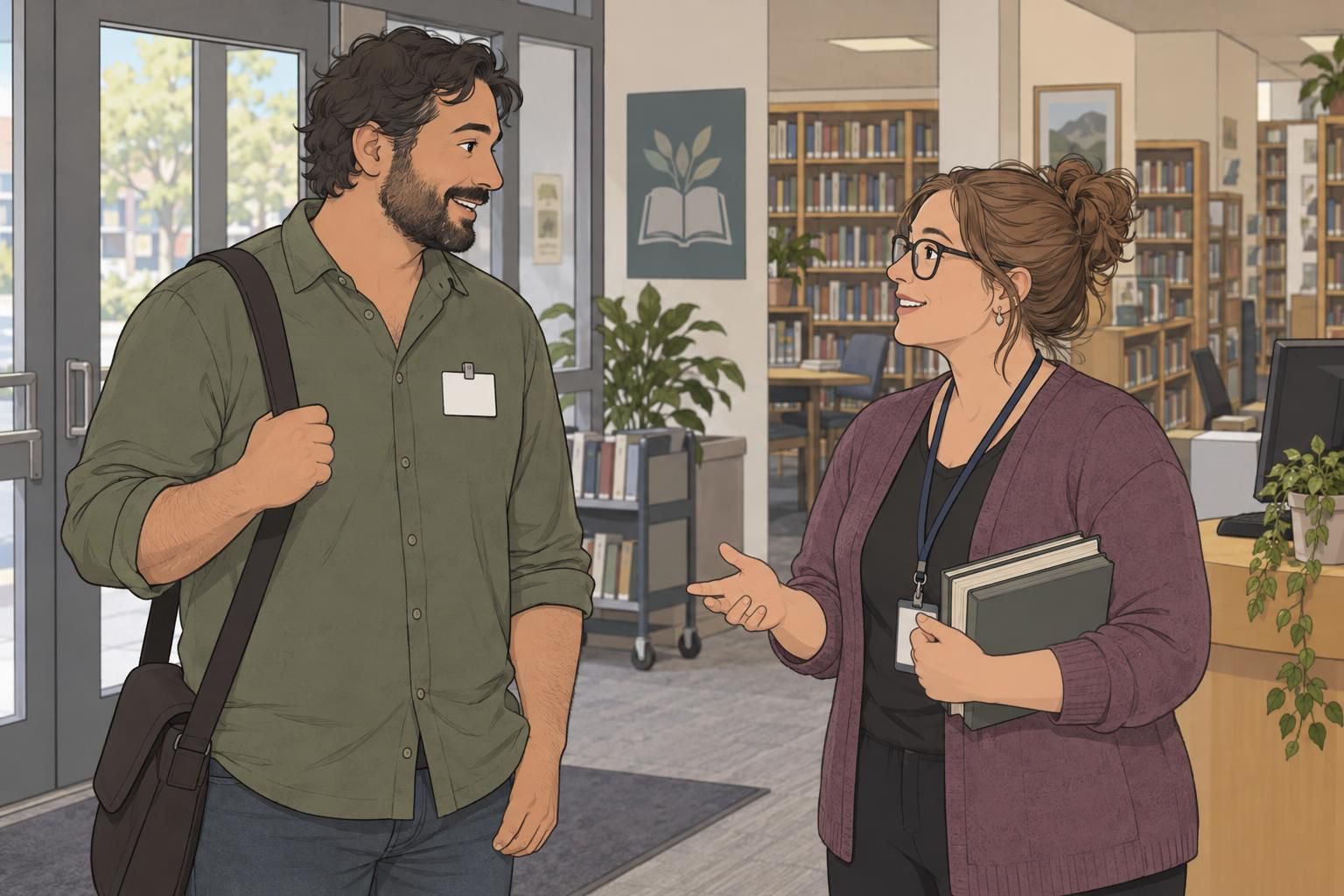 An adult visitor wears a blank temporary name tag while speaking with a librarian near the library entrance.