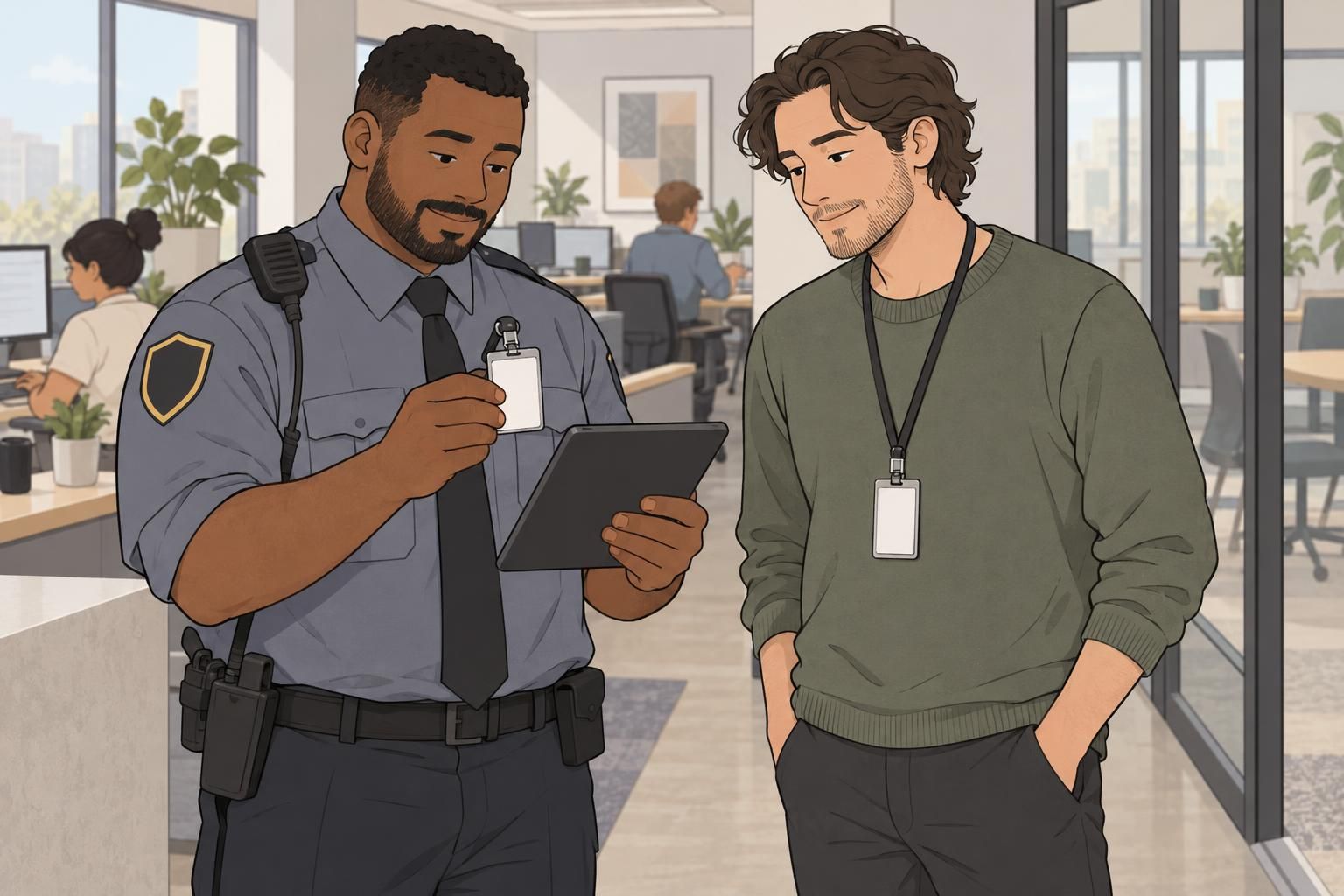 A security staff member and contractor review a plain ID badge and tablet in a shared office.