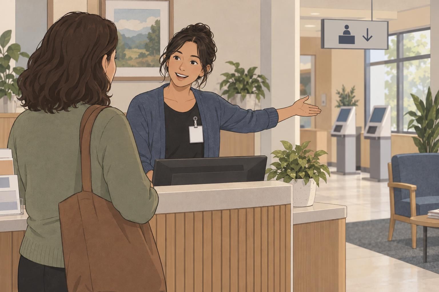 Identified reception employee welcoming a visitor and pointing toward the check-in area.
